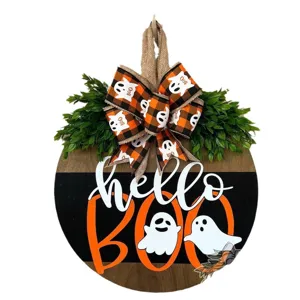 Halloween wooden door sign hanging pendant with ghost and hello boo text for festival decor