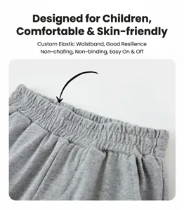 Kids cotton shorts detail view, summer casual sports elastic waist five quarter pants grey