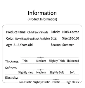 Children pure cotton shorts detail attribute info specification summer style size 110-160