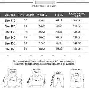 Detailed size chart for children clothing featuring flat measurement guidelines and size specs.