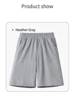 Detailed shot of kids cotton casual shorts, comfortable five-point length, grey color design.