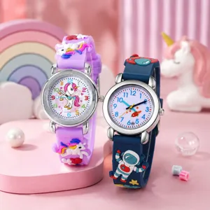 Kinder Cartoon Quarz Uhr Süßer Astronaut Einhorn Tropfkleber PVC Armband Analog Armbanduhr Für Kinder Schüler Geschenk