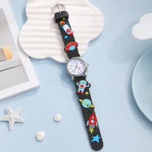 Schöne Kinder Quarzarmbanduhr mit Raumfahrt Design, schwarzem Silikonarmband und bunten Figuren.