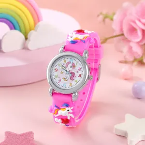 Schicke Kinder Quarzuhr mit rosa Einhorn Silikonarmband und klarem Zifferblatt für Mädchen.