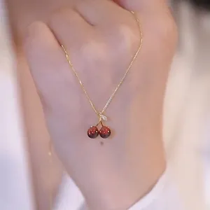 Titanium Steel Cherry Pendant Necklace For Women Gold Plated Red Fruit Clavicle Chain Rhinestone Elegant Choker Jewelry