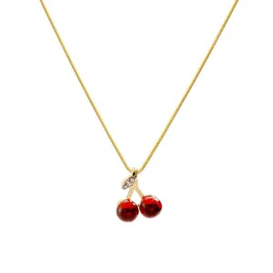 Exquisite gold-plated red cherry pendant necklace, elegant clavicle chain for women.