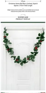 Christmas artificial berry vine garland 175cm faux holly leaves red berries hanging decor