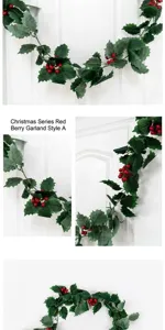 Artificial Christmas holly leaf red berry vine garland for holiday wall hanging decor.