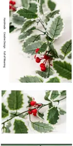 Close-up details of artificial holly leaves and red berries Christmas garland decoration.