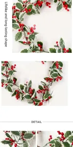 Close-up detail of artificial Christmas holly leaf and red berry vine garland decoration.
