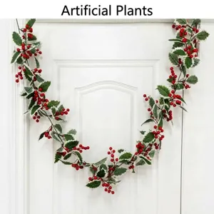 Artificial Christmas Garland Holly Leaves Red Berries Vine For Home Door Wall Hanging Festive Party Decor Silk Flower Plant Rattan