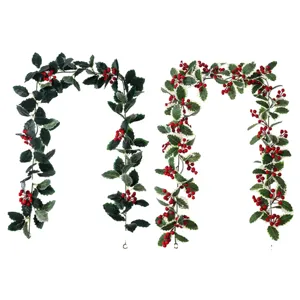 Artificial Christmas holly leaf red berry garland vine hanging decor for holiday party home.