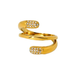 Anello avvolgente in strass placcato oro 18K in acciaio inossidabile, anello aperto a strati.