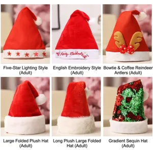 Kerstmuts detail met zachte pluche stof, pailletten afwerking en feestelijke decoratie.