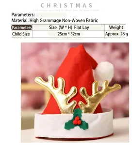 Kinderen kerstmuts met gouden gewei van vilt stof, maat 25x32cm feestelijke vakantie accessoire.