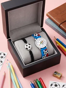Kids soccer watch and bracelet set in gift box with colorful 3d football strap.