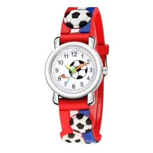 Kids soccer quartz watch featuring a red silicone 3D football strap and white dial.