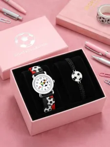 Kids soccer watch gift set with 3D football strap and braided bracelet in pink box.