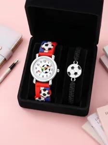 Kids soccer watch set with 3D football strap and quartz dial in a luxury gift box for school kids.