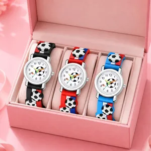Kids Soccer Theme Quartz Watch Bracelet Gift Set 3D Silicone Strap Colorful Digital Dial Sporty Wristwatch For Boys Girls Students