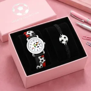 Kids soccer theme watch and braided bracelet gift set with pink box for children daily wear