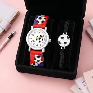 Kids soccer watch bracelet gift set with 3D football strap and colorful dial for daily wear.