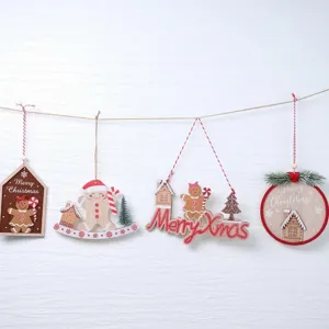 Detailed view of wooden Christmas gingerbread man hanging ornaments set, festive tree decor.