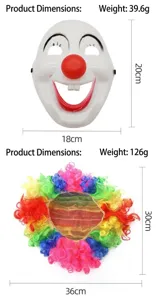 Clown mask and colorful wig set with detailed size and weight specifications for party.