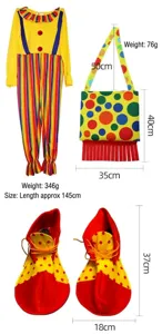 Clown costume detail view showing colorful jumpsuit, polka dot bag, and oversized shoes.
