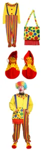Colorful carnival clown costume set with jumpsuit, polka dot bag and shoes for stage cosplay.