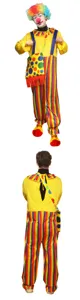Details of colorful clown costume featuring rainbow striped pants and bright yellow top.