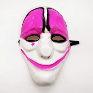 Detail view of the pink and white clown mask with elastic strap for cosplay and party use.