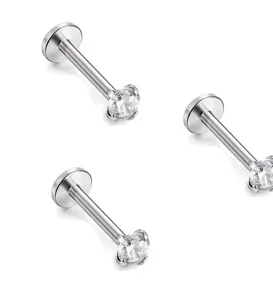 Stainless steel clear cubic zirconia labret stud piercing body jewelry detail shot