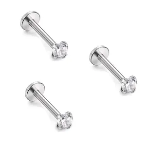 Stainless Steel Rhinestone Lip Ring Internal Thread Piercing Stud Labret Internally Threaded Cartilage Earring Helix Tragus Piercing Jewelry for Men Women