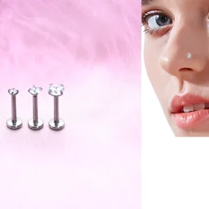 Stainless steel labret stud with sparkling zirconia crystal, flat back piercing body jewelry.