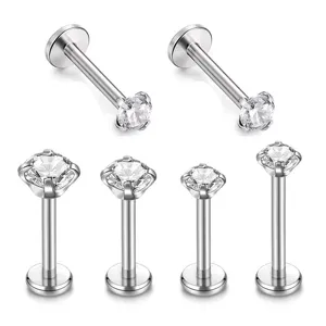 Stainless steel labret stud piercing jewelry with clear cubic zirconia flat back earrings.