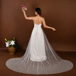 Women Detachable Bridal Tulle Overskirt High Waisted Pearl Beaded Long Train Wedding Dress Accessory Mesh Skirt Bottom