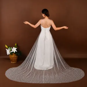 Elegant white pearl mesh bridal detachable long train skirt for women wedding apparel