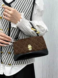 Women Elegant Diamond Quilted Baguette Handbag Simple Color Block Crossbody Shoulder Bag With Metal Twist Lock Suede PU Bag