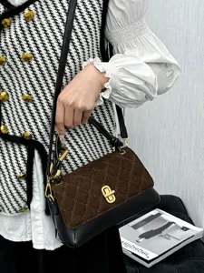 Korean style chic shoulder bag with diamond quilted suede flap and contrasting black body.