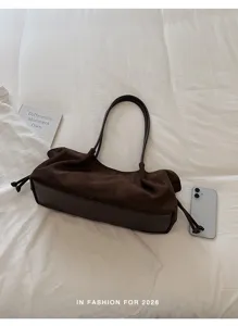 Minimalistische bruine suade schoudertas casual alledaagse tas met handig trekkoord