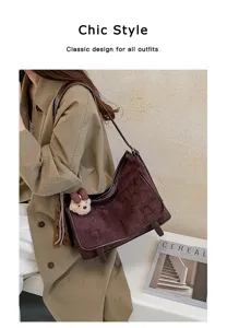 Korean style suede shoulder bag with cute bear pendant, retro brown chic crossbody bag.