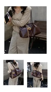 Retro large capacity tote bag for women, stylish soft leather shoulder handbag for casual daily commuting.