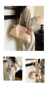 Casual beige patent leather tote bag with stylish pleated design and cute heart pendant.