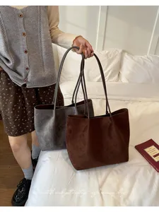 Women vintage suede tote bag daily casual large capacity shoulder bag in brown grey color