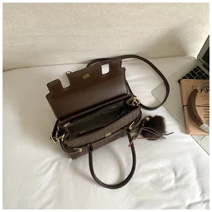Brown woven shoulder bag cross-body handbag for women, premium pu leather daily commuting style.
