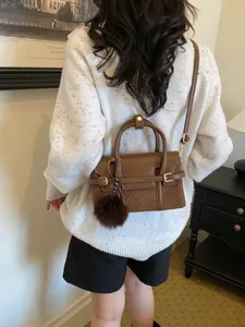 Women Woven PU Leather Crossbody Bag Luxury Vintage Small Shoulder Handbag With Pom Pom Charm Fashion Pillow Bag For Commuting
