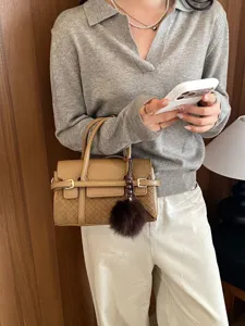 Crossbody square handbag for women, top handle PU leather satchel with plush charm.