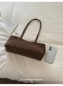 Minimalist brown suede tote bag, large capacity shoulder bag for daily commute and women.