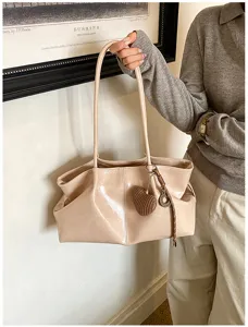 Beige pleated tote bag for women, large capacity shoulder handbag with cute knit heart charm.